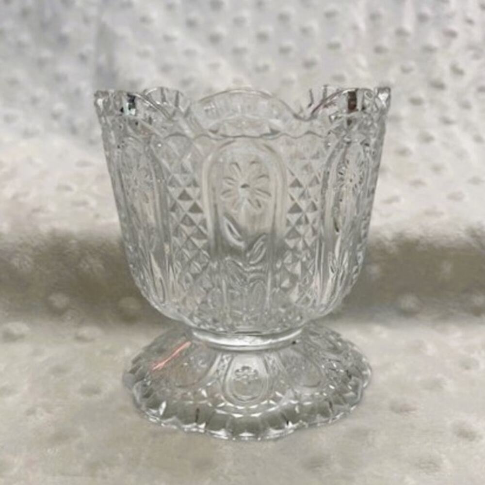 Vintage Avon Fostoria Diamond & Daisy Cut Glass Footed Votive Candle Holder